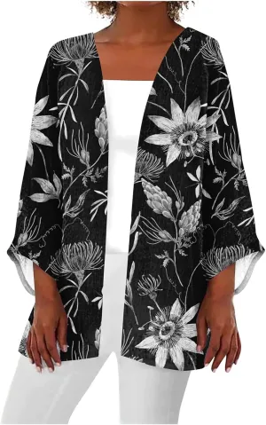Cardigans for Women Floral Printed Dressy Casual Lightweight Cardigan 3/4 Sleeve Summer Plus Size Tops