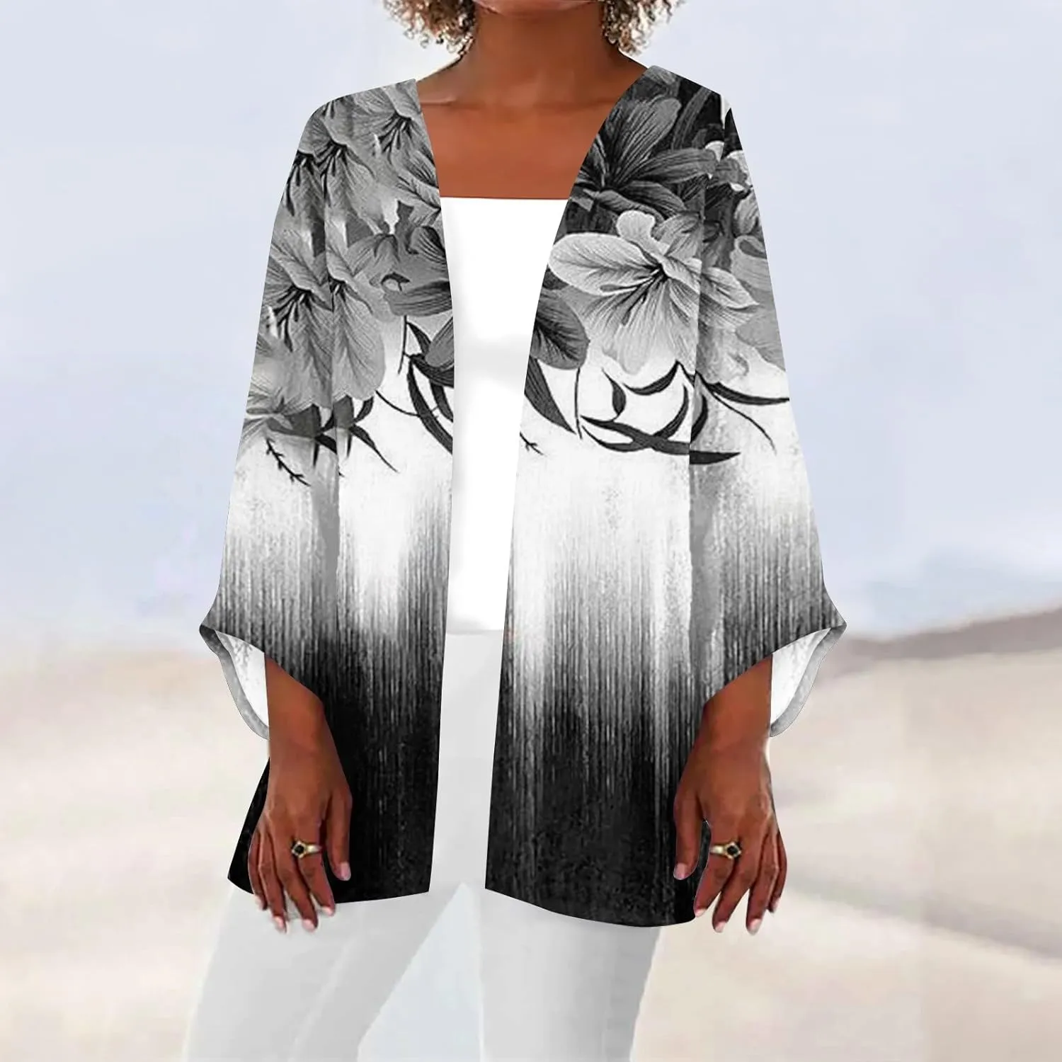 Cardigans for Women Floral Printed Dressy Casual Lightweight Cardigan 3/4 Sleeve Summer Plus Size Tops