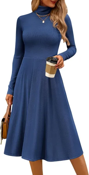 CFLONGE Women's Casual Ribbed Knit High Neck Dress Long Sleeve Fall Dress for Women 2025 Lightweight A Line Flare Dresses