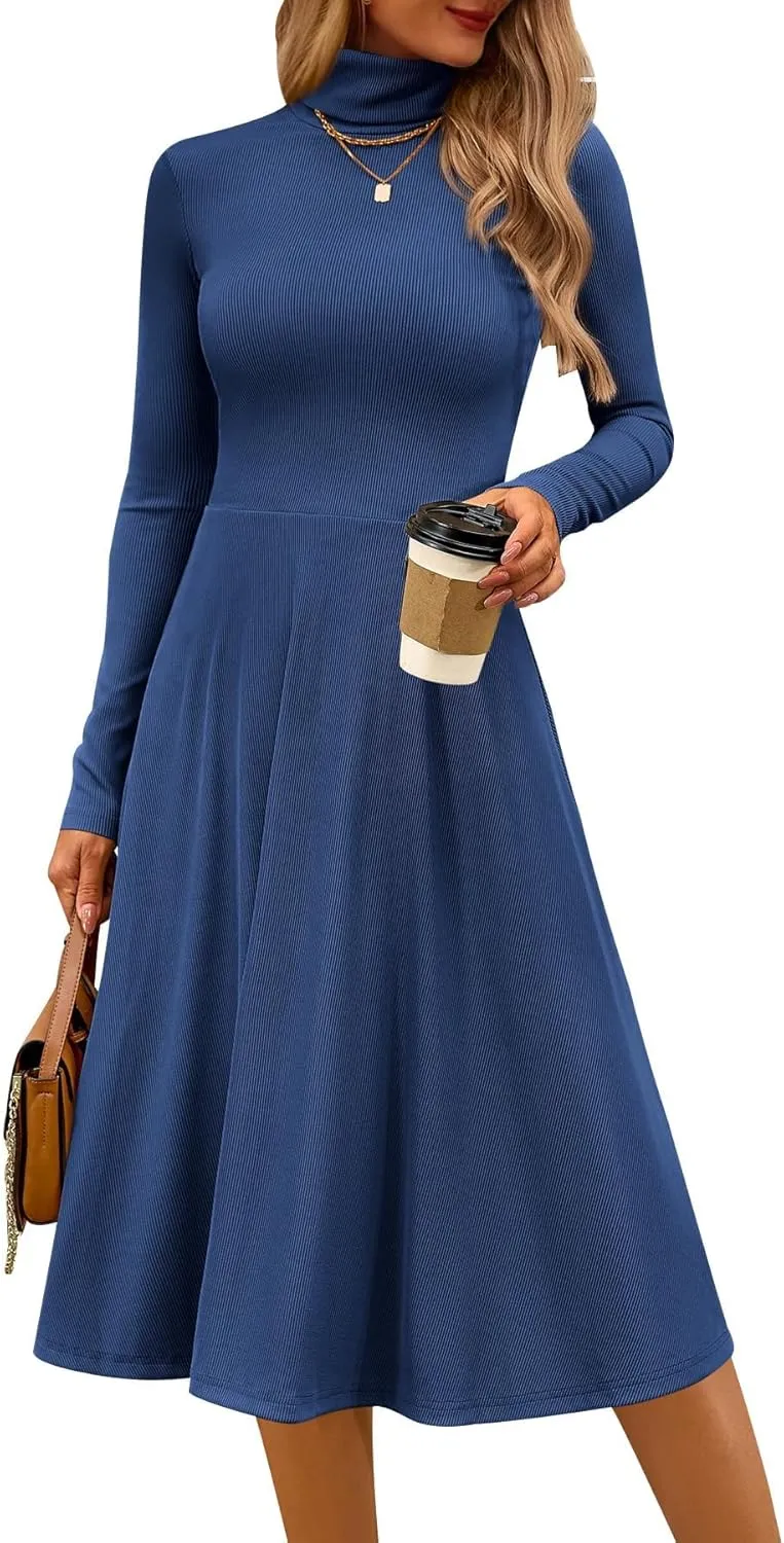 CFLONGE Women's Casual Ribbed Knit High Neck Dress Long Sleeve Fall Dress for Women 2025 Lightweight A Line Flare Dresses