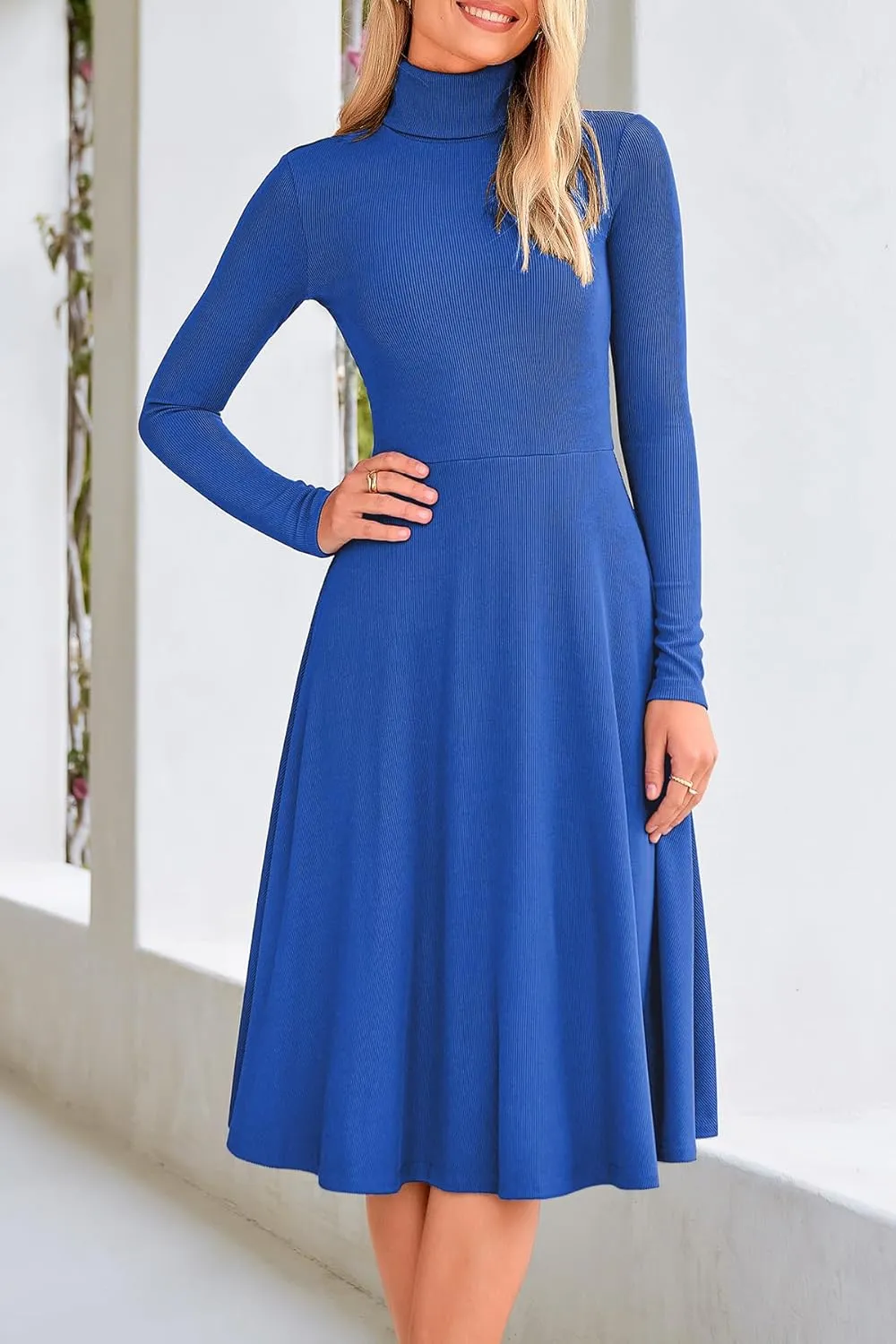 CFLONGE Women's Casual Ribbed Knit High Neck Dress Long Sleeve Fall Dress for Women 2025 Lightweight A Line Flare Dresses