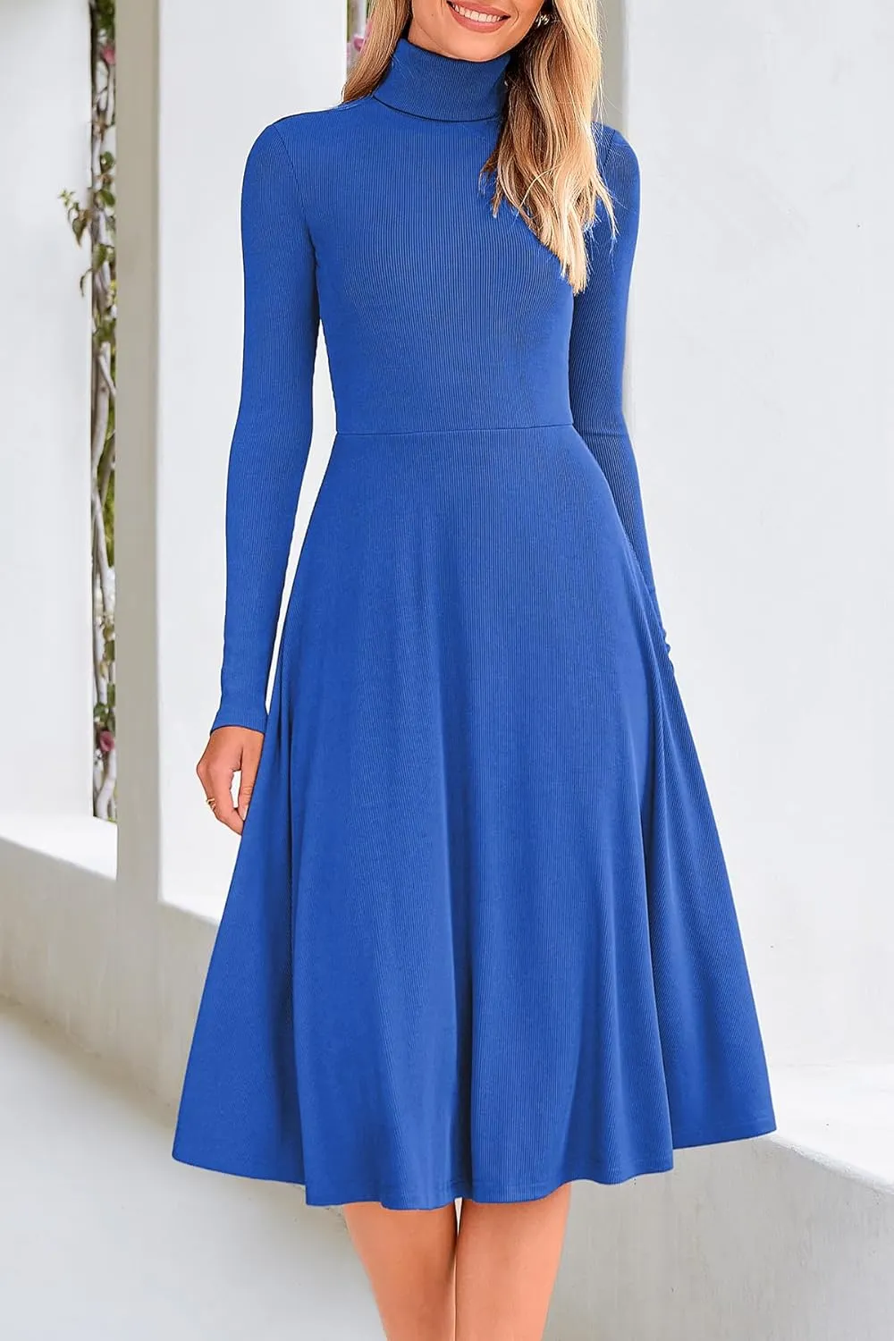 CFLONGE Women's Casual Ribbed Knit High Neck Dress Long Sleeve Fall Dress for Women 2025 Lightweight A Line Flare Dresses