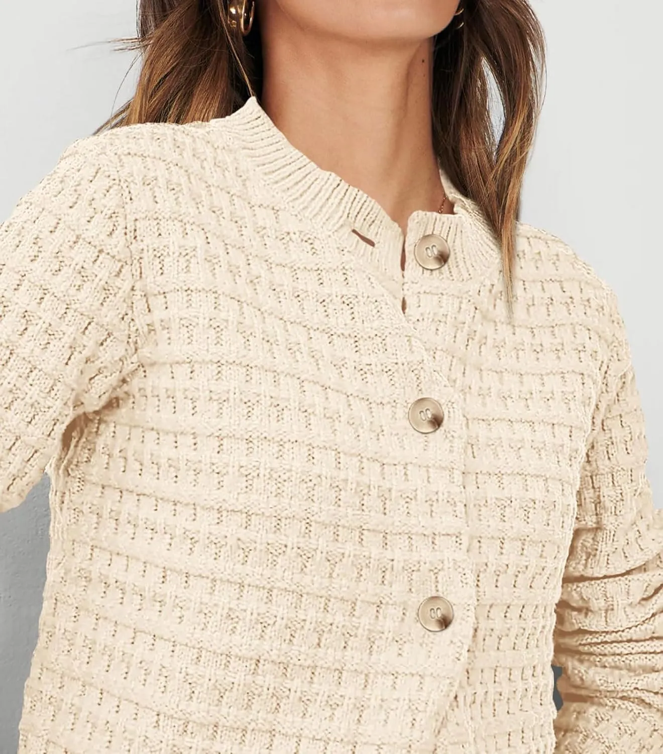 CHARTOU Women Button Down Cropped Blazer Open Knit Cardigan Sweater Knitted Tweed Jacket Crew Neck Knitwear 2024