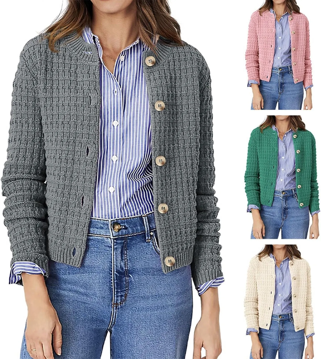 CHARTOU Women Button Down Cropped Blazer Open Knit Cardigan Sweater Knitted Tweed Jacket Crew Neck Knitwear 2024