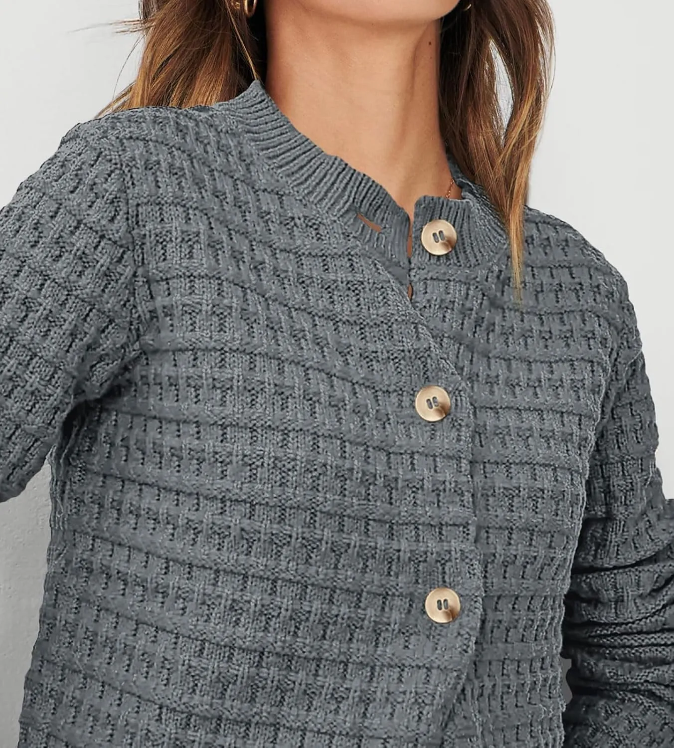 CHARTOU Women Button Down Cropped Blazer Open Knit Cardigan Sweater Knitted Tweed Jacket Crew Neck Knitwear 2024
