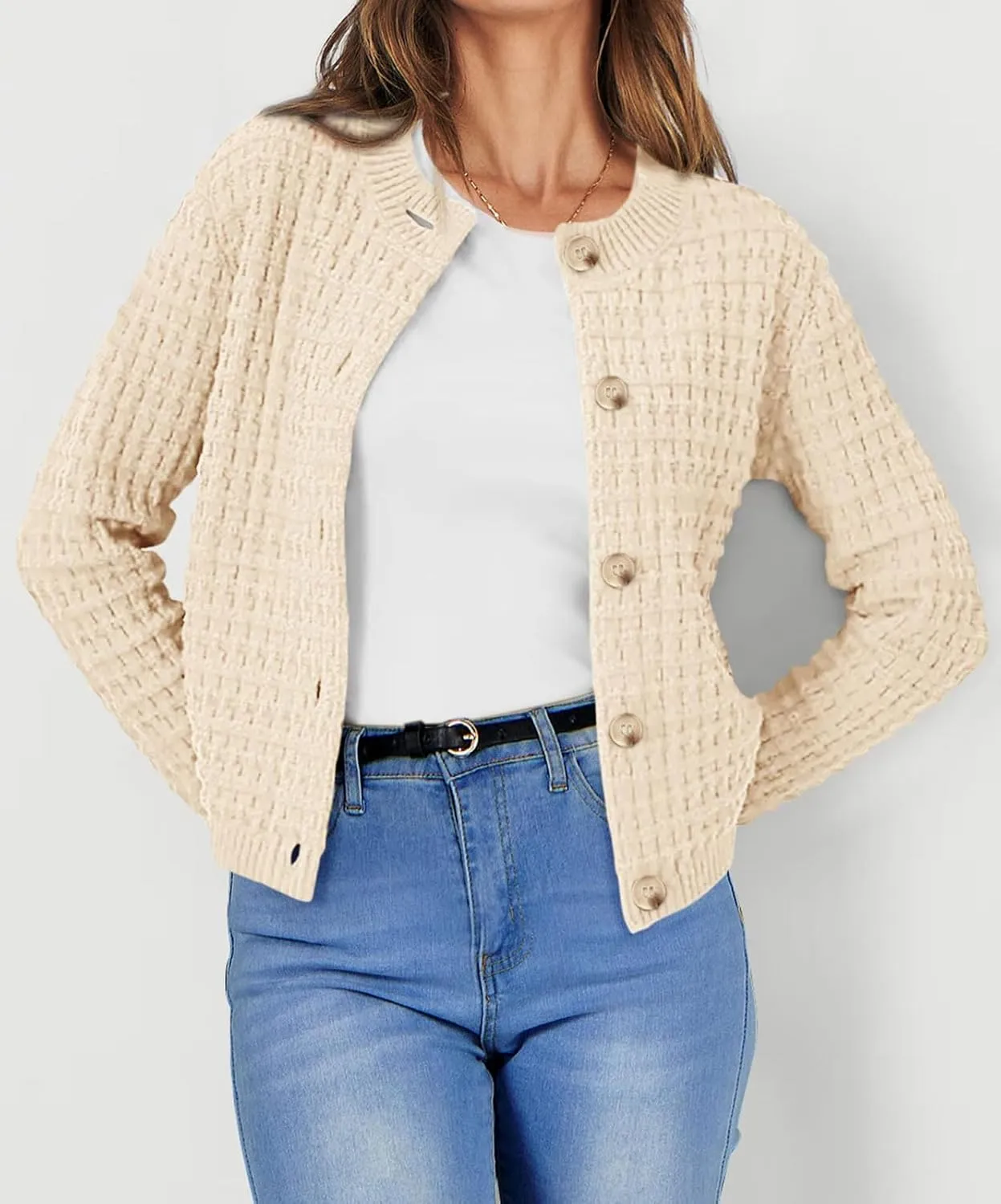 CHARTOU Women Button Down Cropped Blazer Open Knit Cardigan Sweater Knitted Tweed Jacket Crew Neck Knitwear 2024