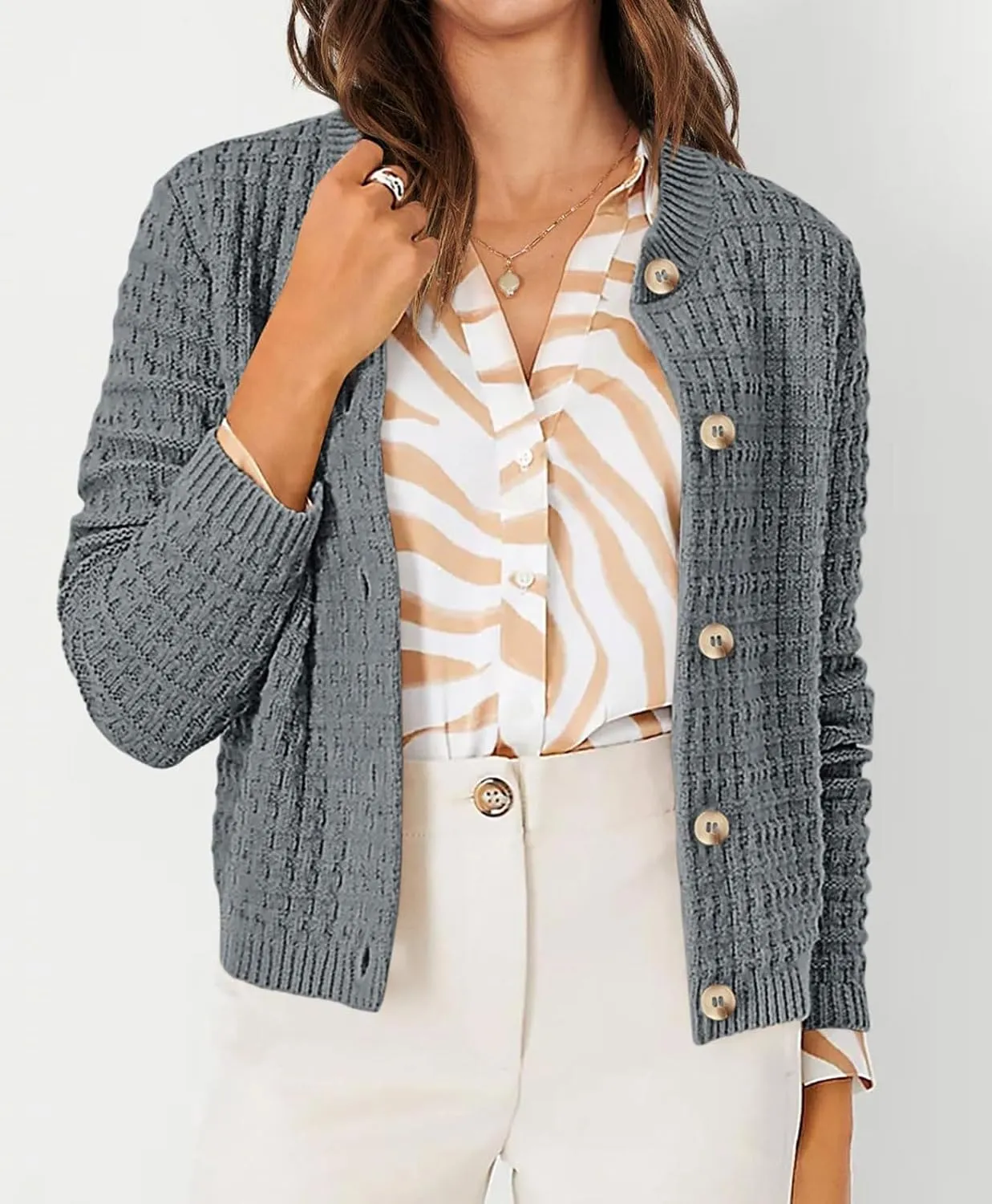 CHARTOU Women Button Down Cropped Blazer Open Knit Cardigan Sweater Knitted Tweed Jacket Crew Neck Knitwear 2024
