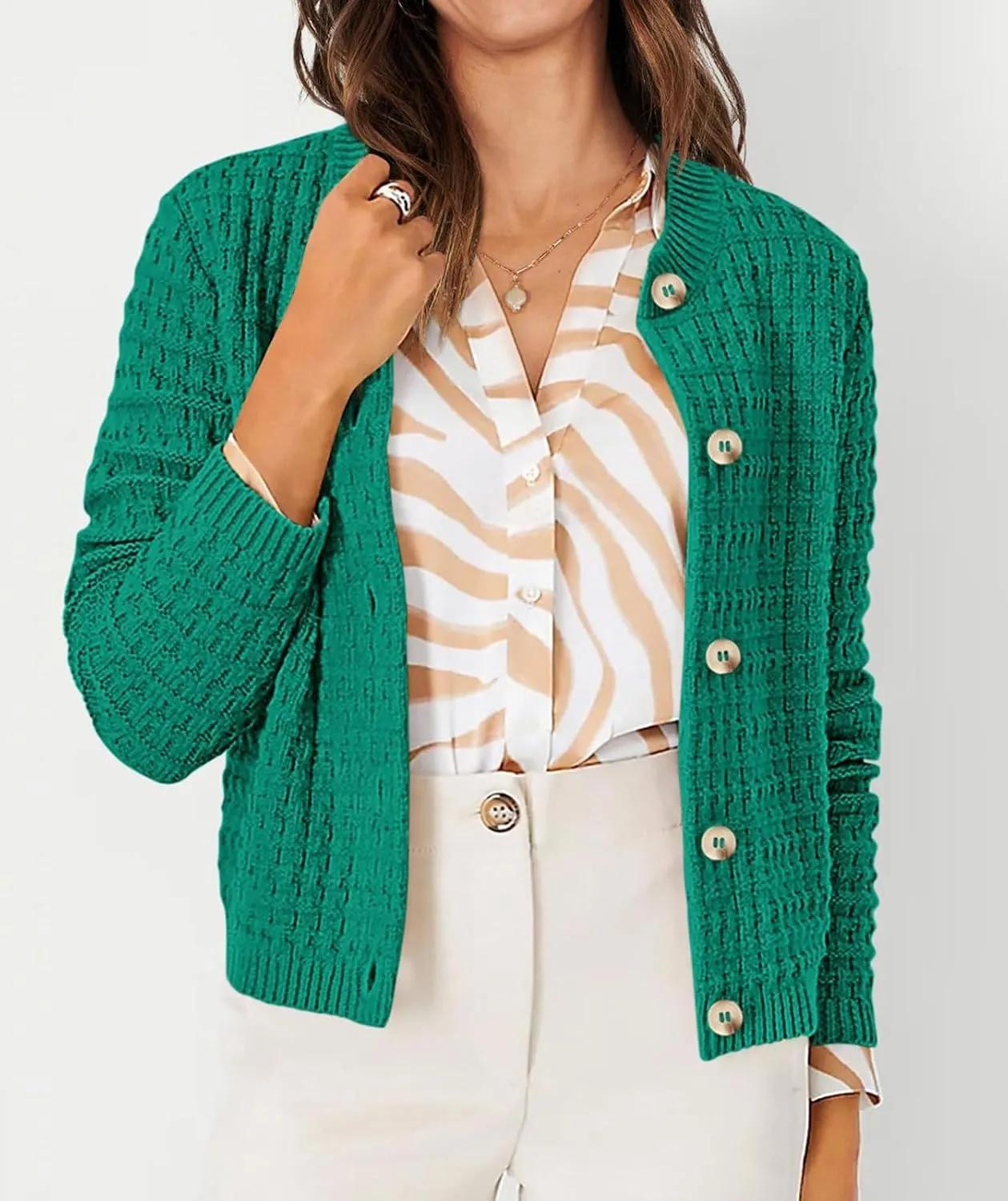 CHARTOU Women Button Down Cropped Blazer Open Knit Cardigan Sweater Knitted Tweed Jacket Crew Neck Knitwear 2024