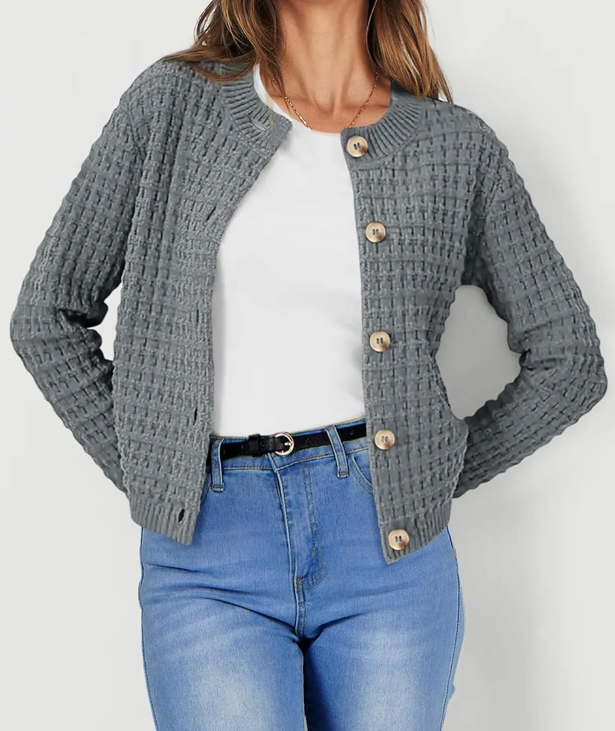 CHARTOU Women Button Down Cropped Blazer Open Knit Cardigan Sweater Knitted Tweed Jacket Crew Neck Knitwear 2024