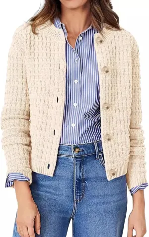 CHARTOU Women Button Down Cropped Blazer Open Knit Cardigan Sweater Knitted Tweed Jacket Crew Neck Knitwear 2024