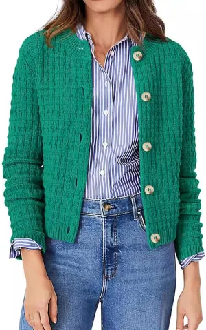 CHARTOU Women Button Down Cropped Blazer Open Knit Cardigan Sweater Knitted Tweed Jacket Crew Neck Knitwear 2024