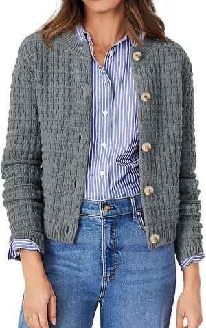 CHARTOU Women Button Down Cropped Blazer Open Knit Cardigan Sweater Knitted Tweed Jacket Crew Neck Knitwear 2024