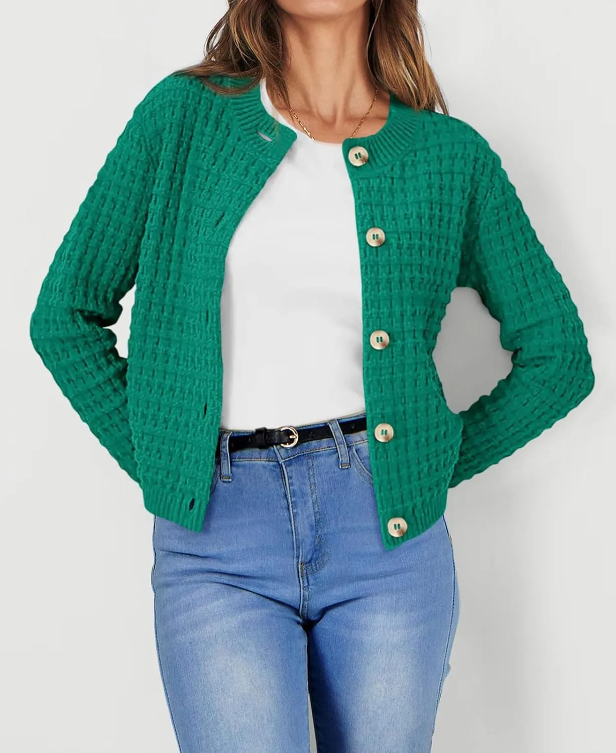 CHARTOU Women Button Down Cropped Blazer Open Knit Cardigan Sweater Knitted Tweed Jacket Crew Neck Knitwear 2024