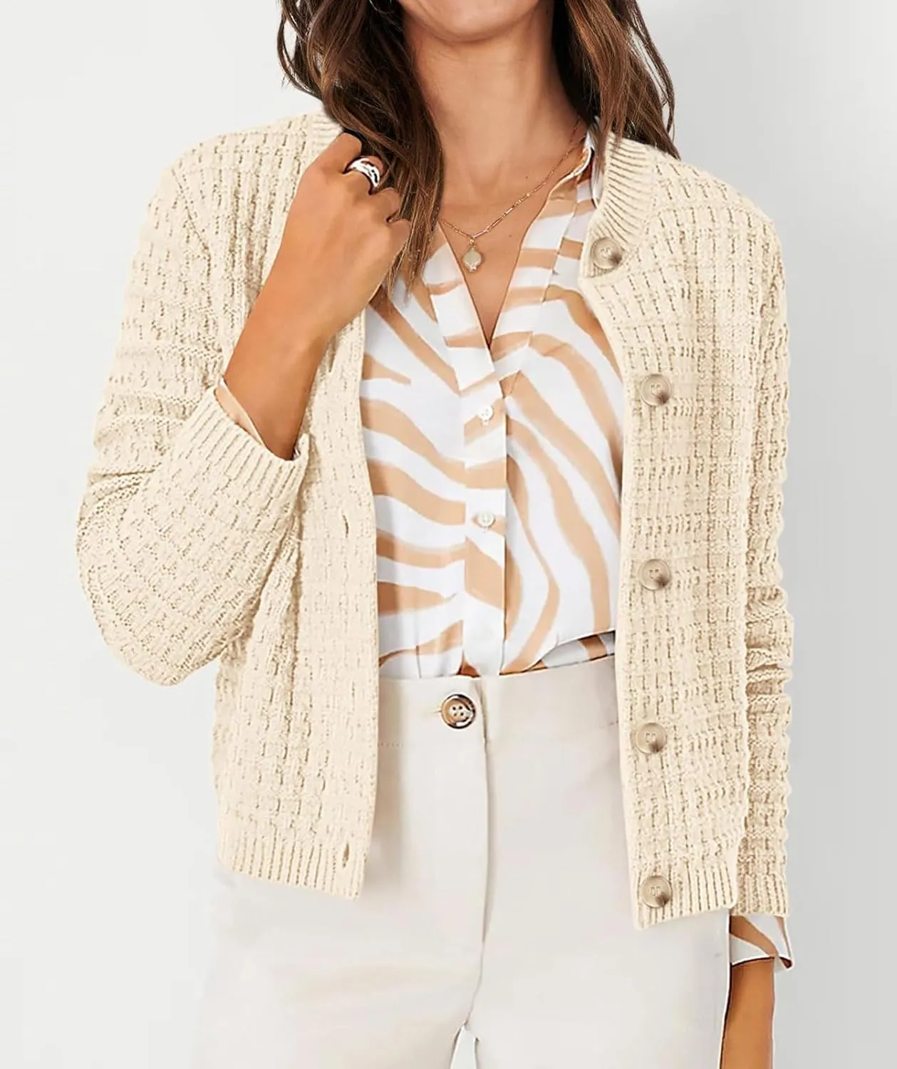 CHARTOU Women Button Down Cropped Blazer Open Knit Cardigan Sweater Knitted Tweed Jacket Crew Neck Knitwear 2024