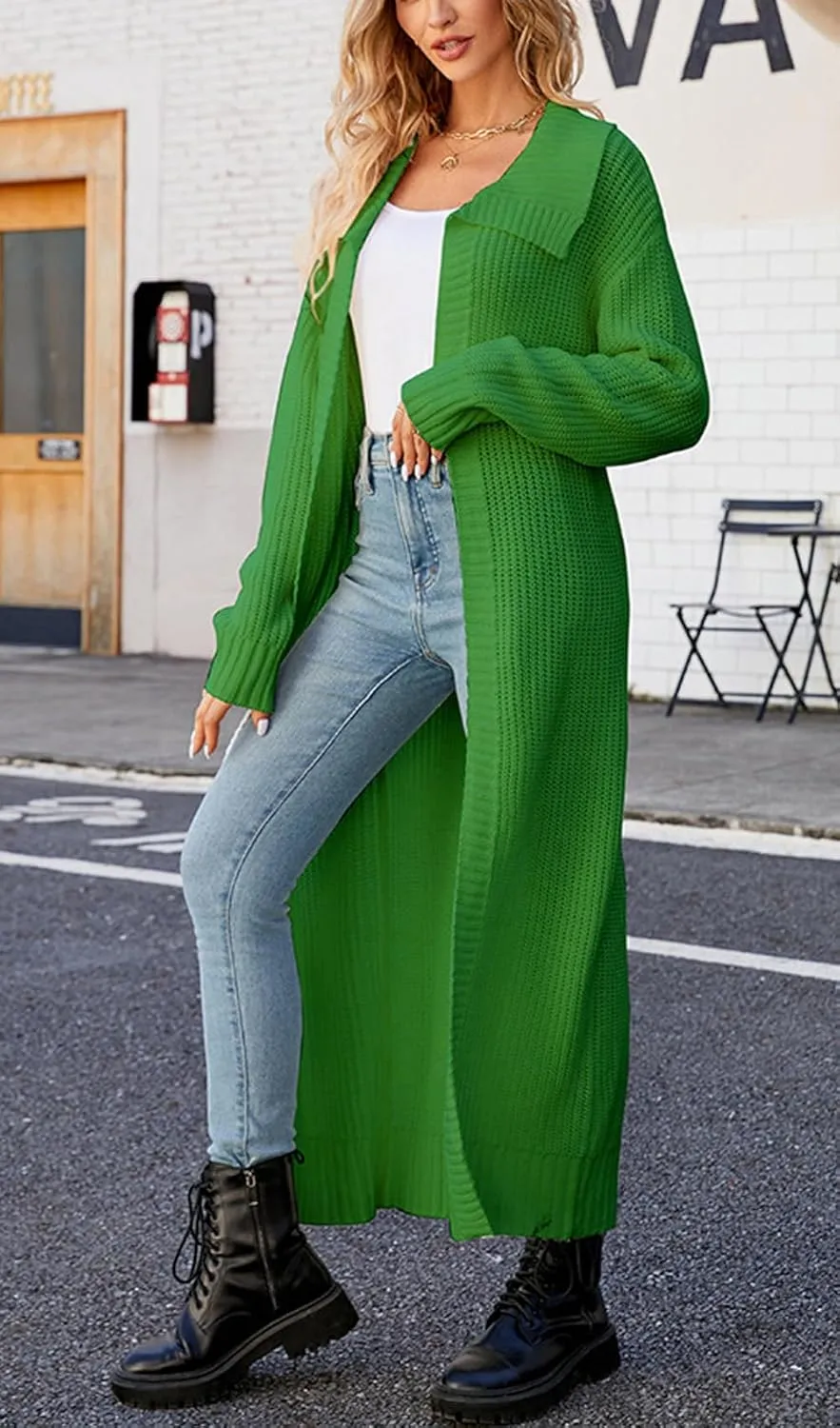 CHARTOU Women Long Cardigan Lapel Collar Open Front Cardigan Sweater Maxi Knit Duster Jacket