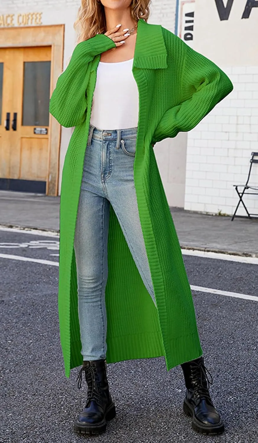 CHARTOU Women Long Cardigan Lapel Collar Open Front Cardigan Sweater Maxi Knit Duster Jacket