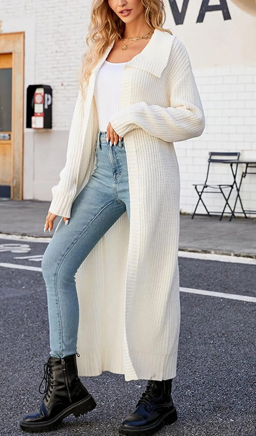 CHARTOU Women Long Cardigan Lapel Collar Open Front Cardigan Sweater Maxi Knit Duster Jacket
