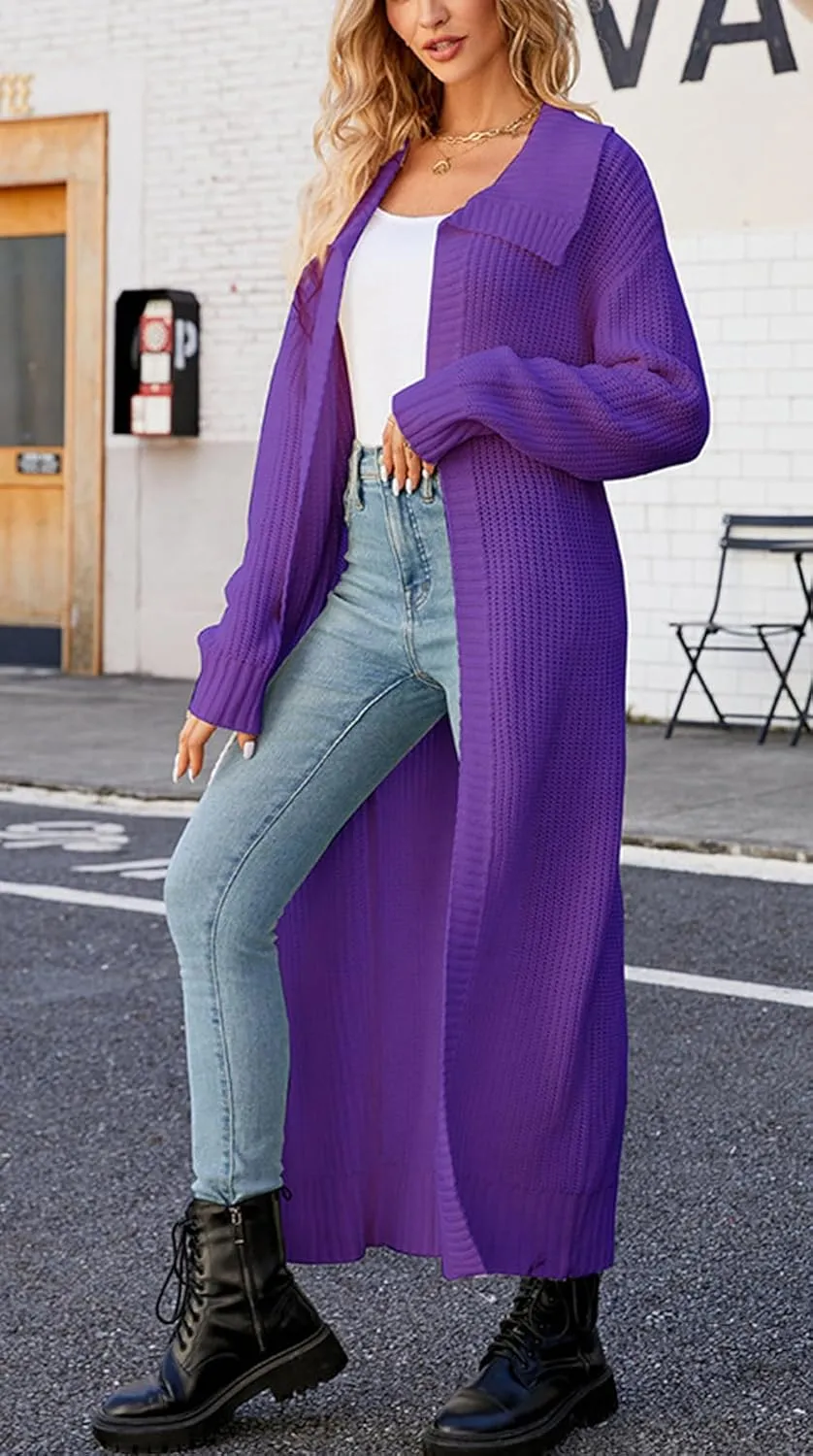 CHARTOU Women Long Cardigan Lapel Collar Open Front Cardigan Sweater Maxi Knit Duster Jacket