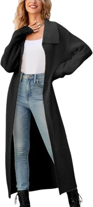CHARTOU Women Long Cardigan Lapel Collar Open Front Cardigan Sweater Maxi Knit Duster Jacket