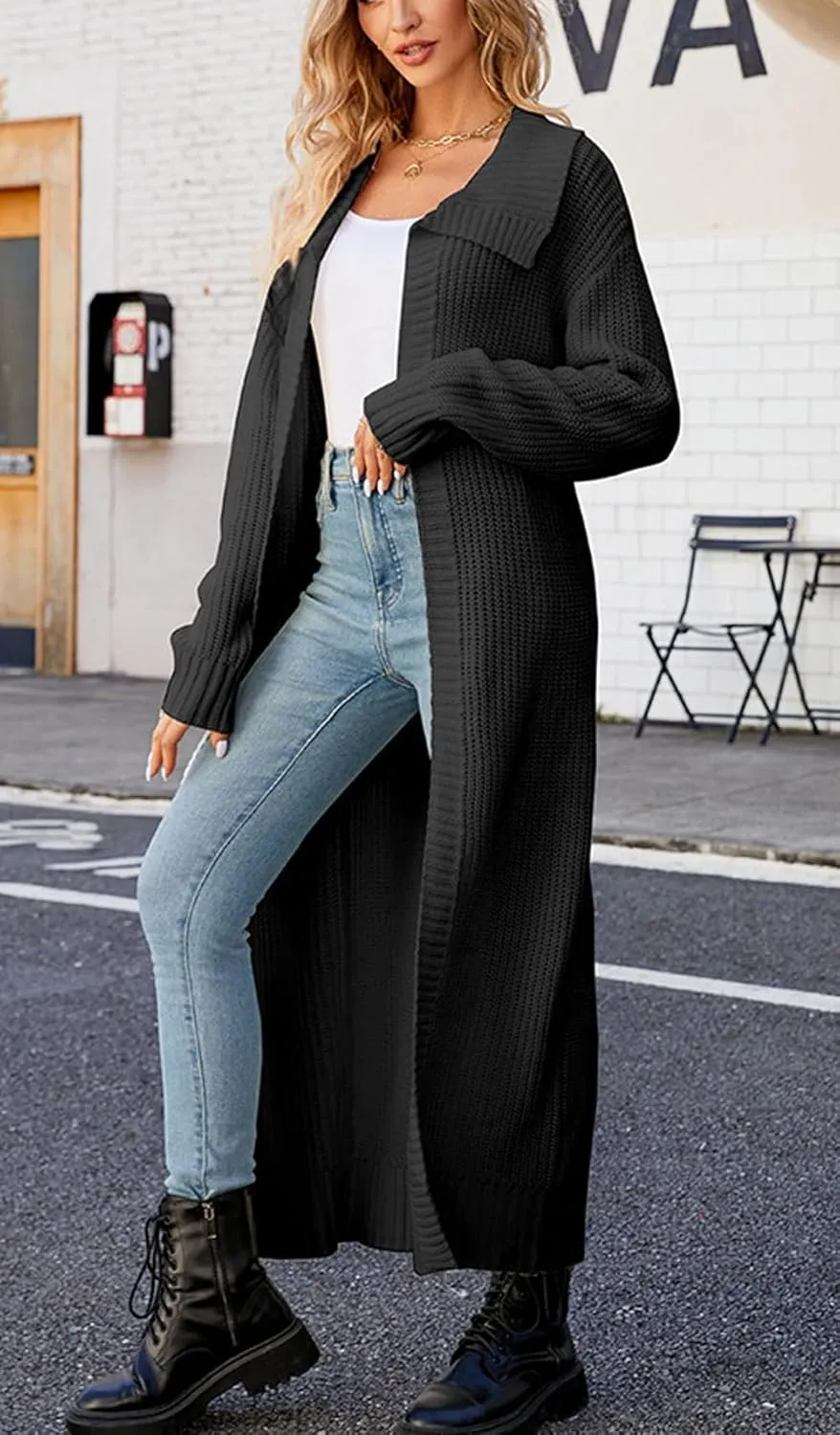 CHARTOU Women Long Cardigan Lapel Collar Open Front Cardigan Sweater Maxi Knit Duster Jacket