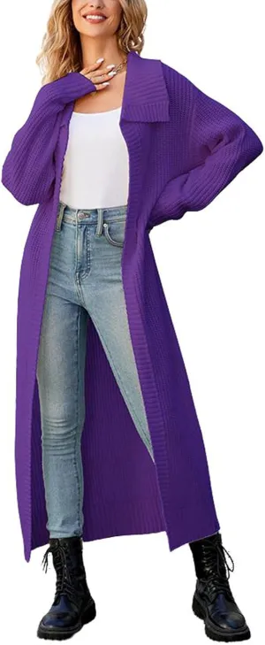 CHARTOU Women Long Cardigan Lapel Collar Open Front Cardigan Sweater Maxi Knit Duster Jacket