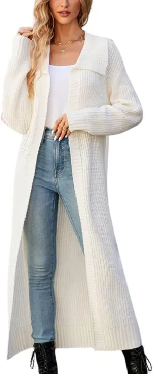 CHARTOU Women Long Cardigan Lapel Collar Open Front Cardigan Sweater Maxi Knit Duster Jacket