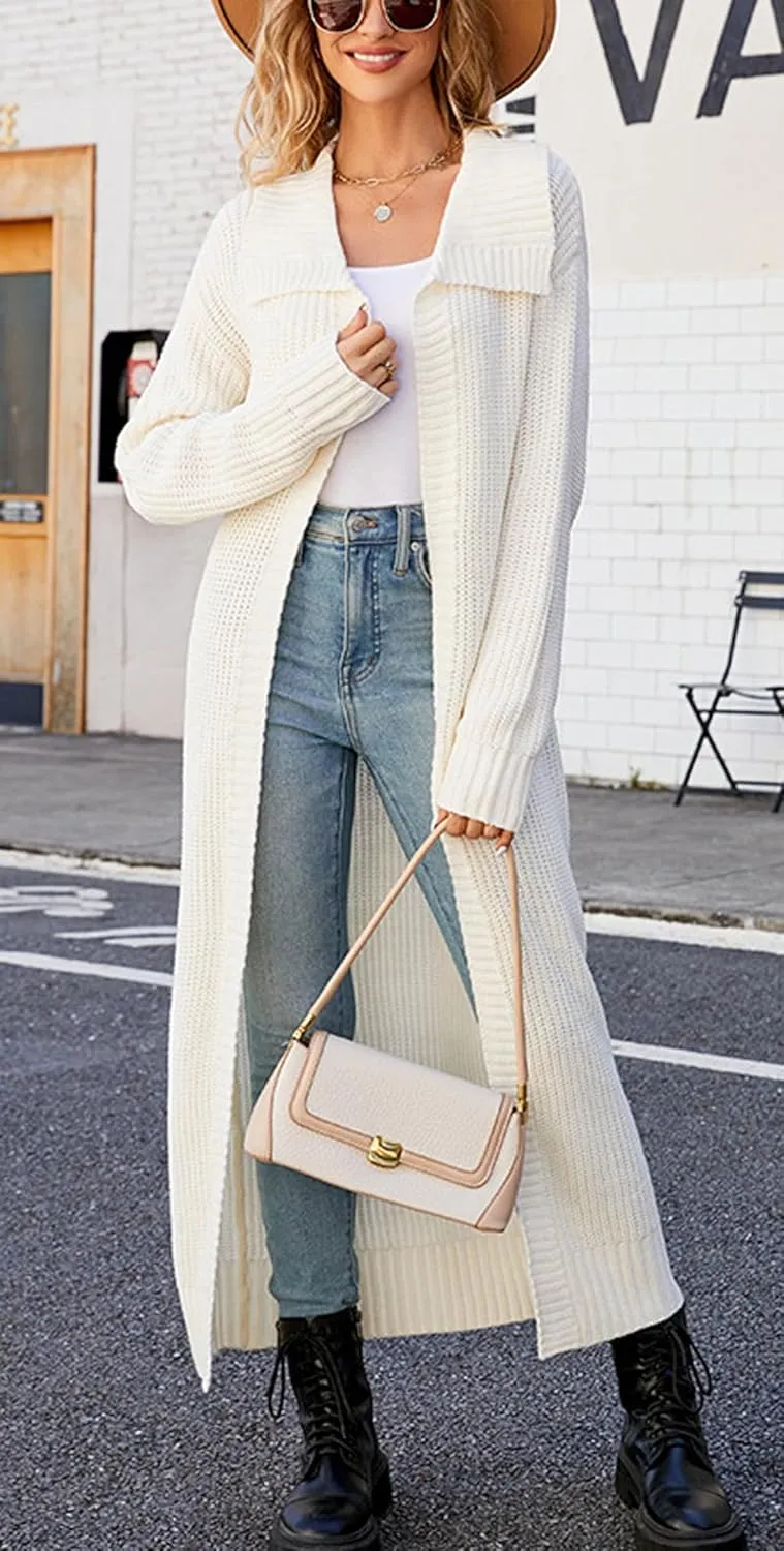 CHARTOU Women Long Cardigan Lapel Collar Open Front Cardigan Sweater Maxi Knit Duster Jacket