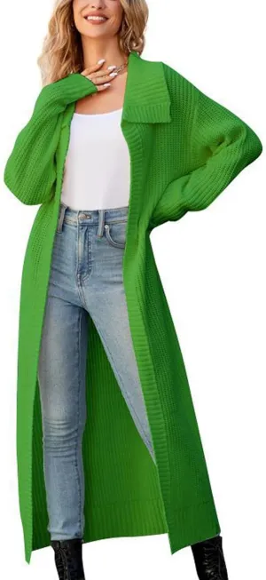 CHARTOU Women Long Cardigan Lapel Collar Open Front Cardigan Sweater Maxi Knit Duster Jacket