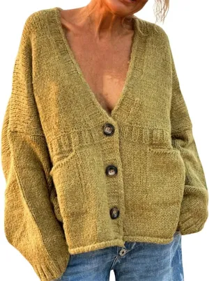CHARTOU Women Oversized Cardigan Sweater Button Down V Neck Loose Sweater with Pockets