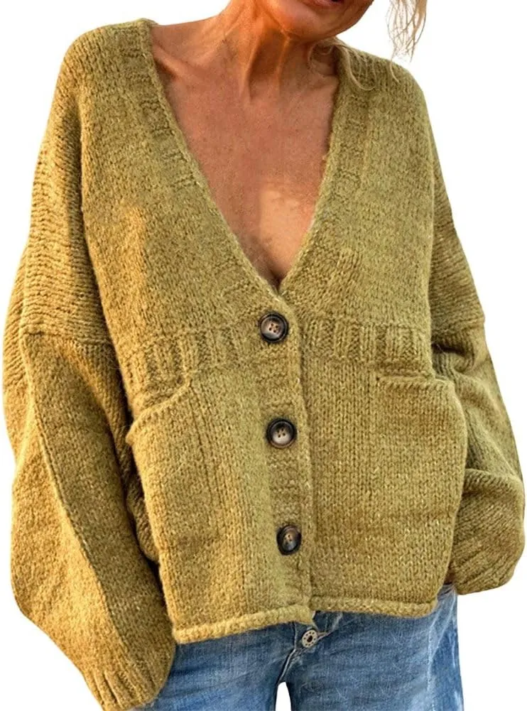 CHARTOU Women Oversized Cardigan Sweater Button Down V Neck Loose Sweater with Pockets