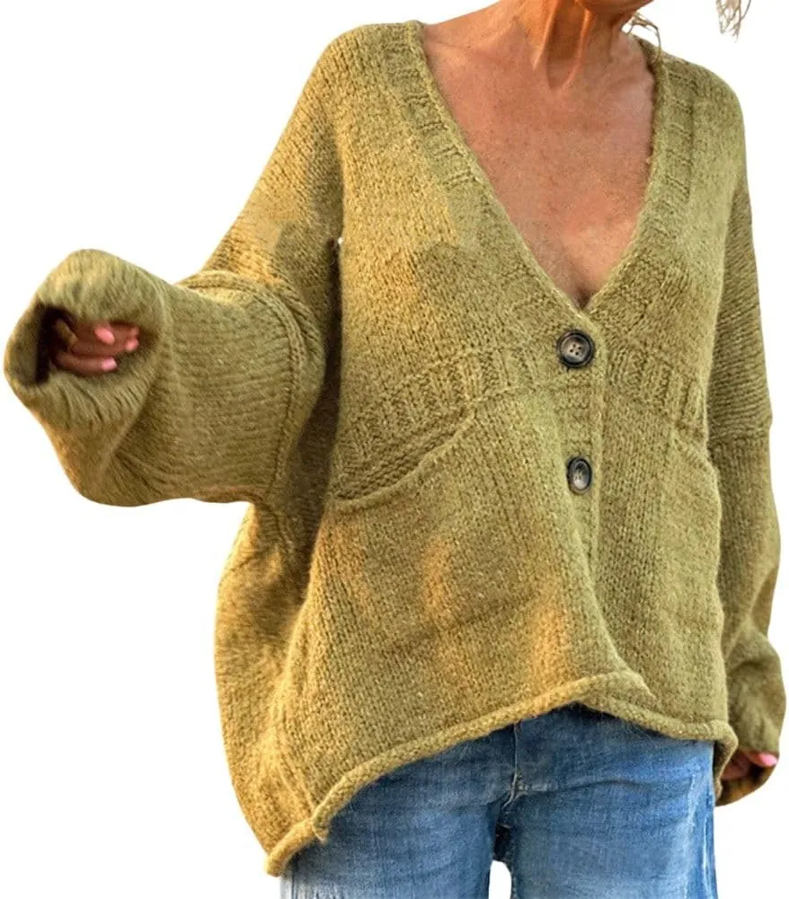 CHARTOU Women Oversized Cardigan Sweater Button Down V Neck Loose Sweater with Pockets