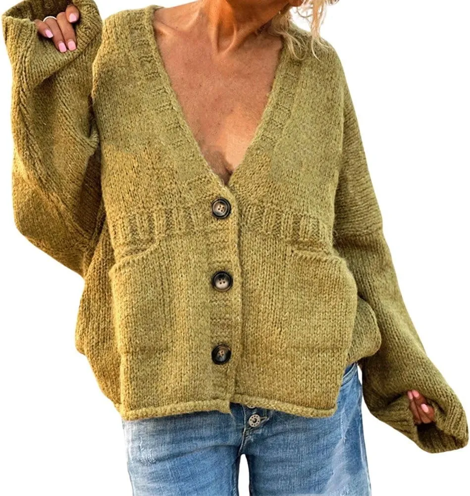 CHARTOU Women Oversized Cardigan Sweater Button Down V Neck Loose Sweater with Pockets