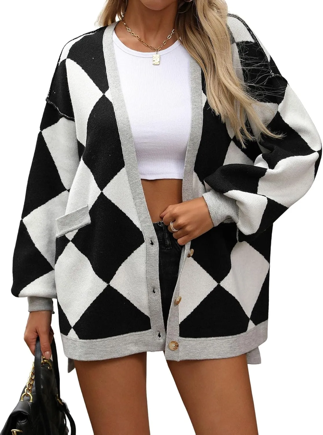 CHARTOU Women Oversized Sweater Diamond Checker Open Front Cardigan Loose Knitted Tops