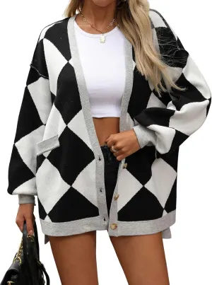 CHARTOU Women Oversized Sweater Diamond Checker Open Front Cardigan Loose Knitted Tops