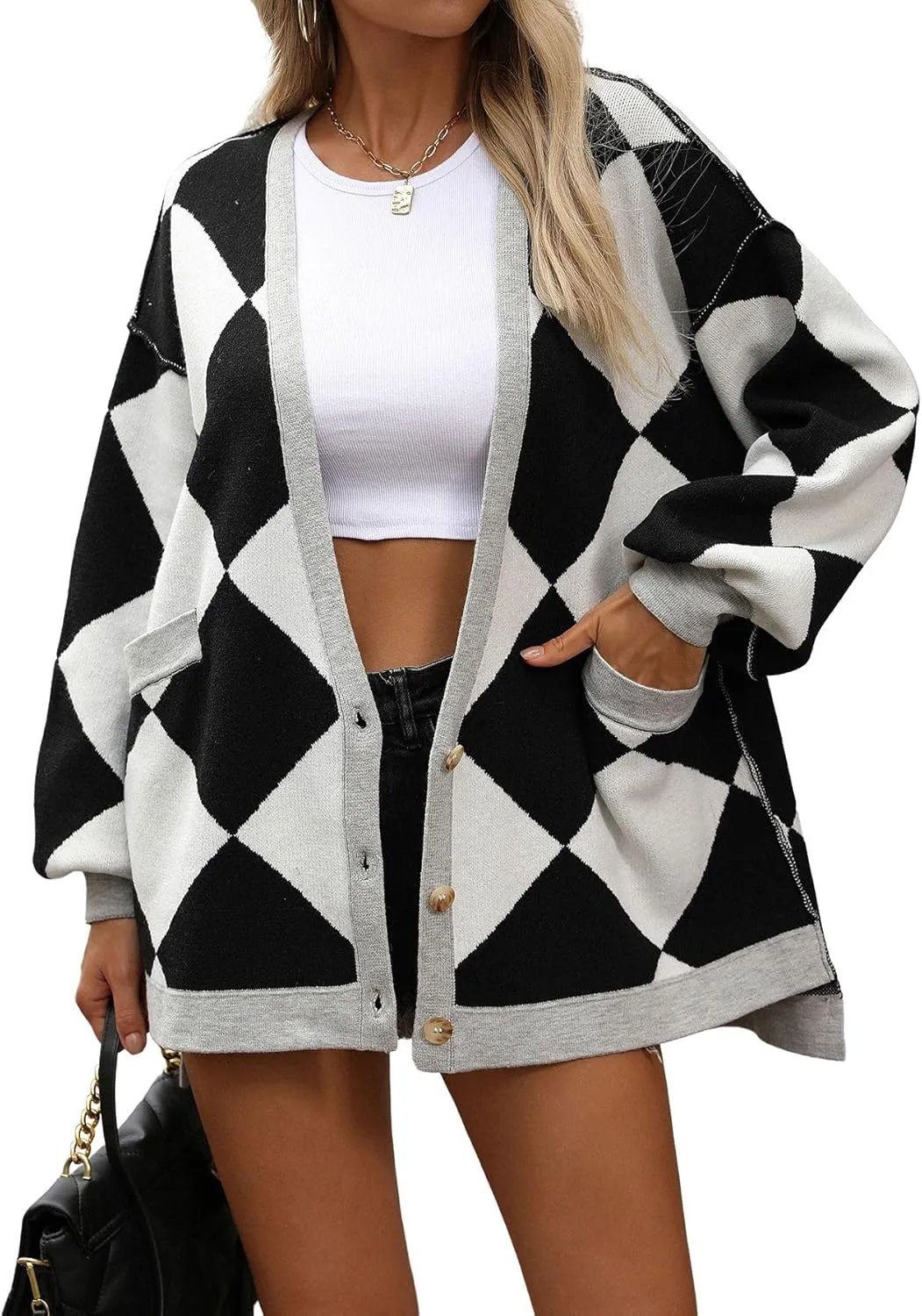 CHARTOU Women Oversized Sweater Diamond Checker Open Front Cardigan Loose Knitted Tops