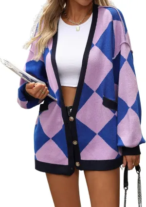 CHARTOU Women Oversized Sweater Diamond Checker Open Front Cardigan Loose Knitted Tops