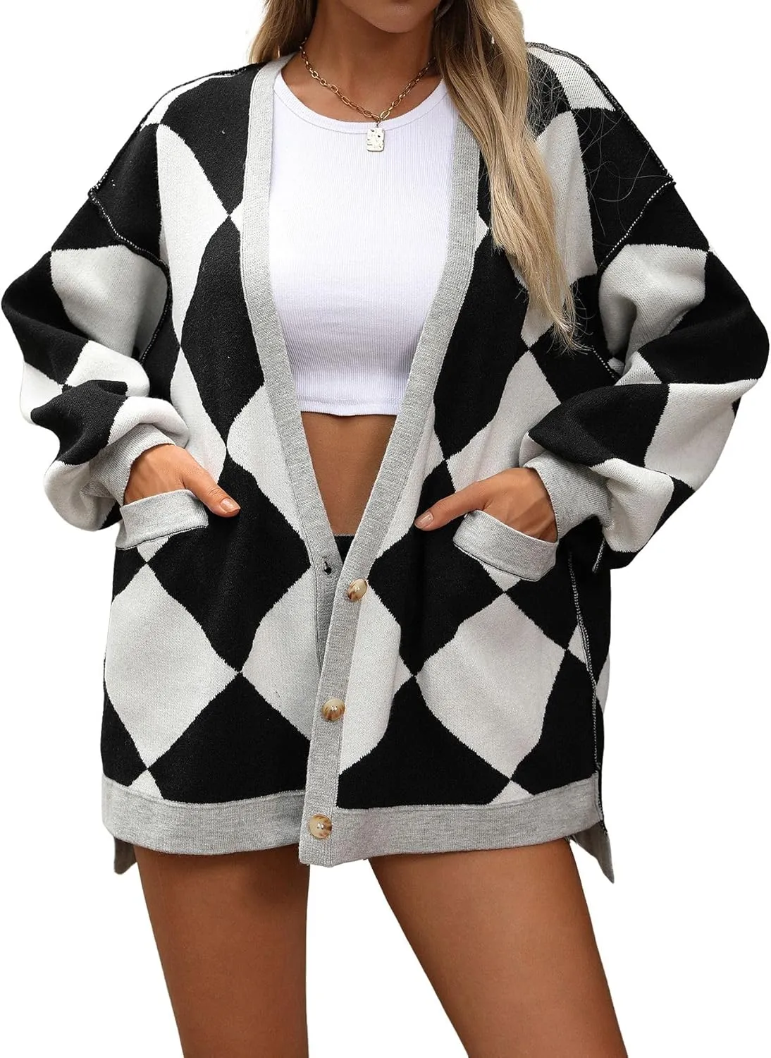 CHARTOU Women Oversized Sweater Diamond Checker Open Front Cardigan Loose Knitted Tops