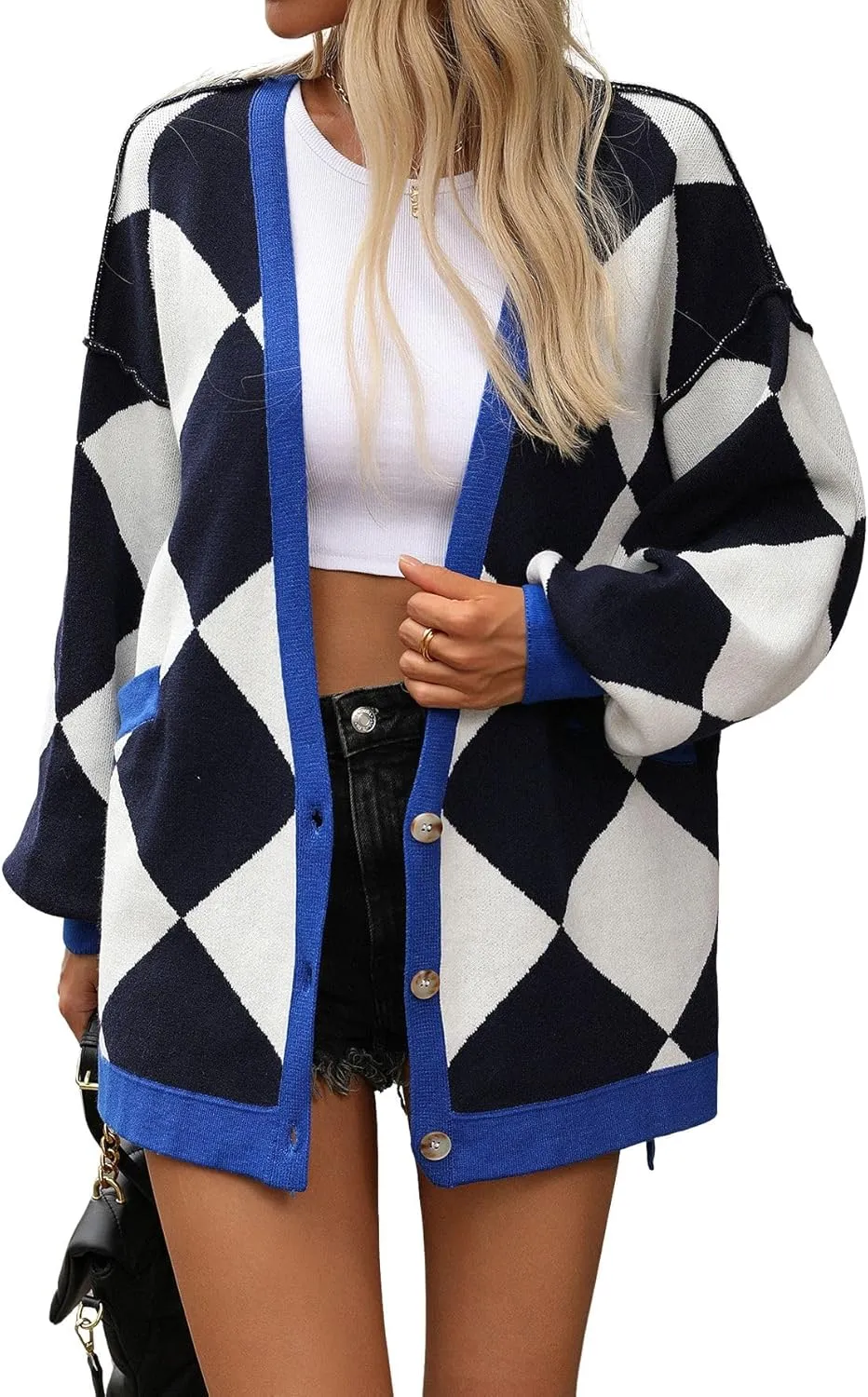 CHARTOU Women Oversized Sweater Diamond Checker Open Front Cardigan Loose Knitted Tops