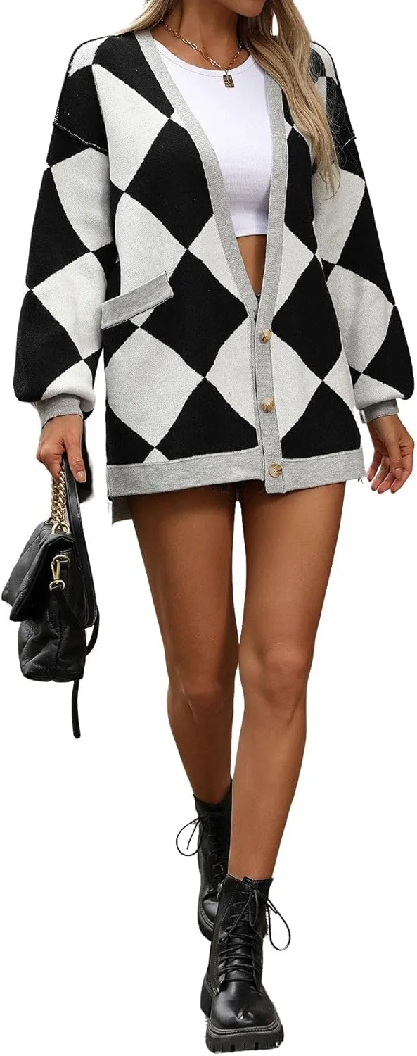 CHARTOU Women Oversized Sweater Diamond Checker Open Front Cardigan Loose Knitted Tops
