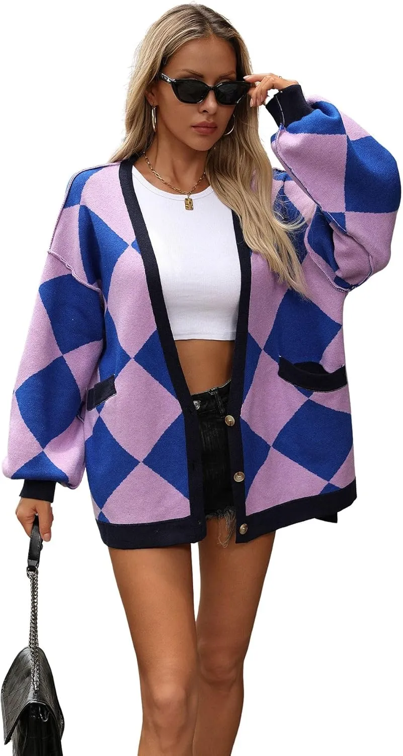 CHARTOU Women Oversized Sweater Diamond Checker Open Front Cardigan Loose Knitted Tops