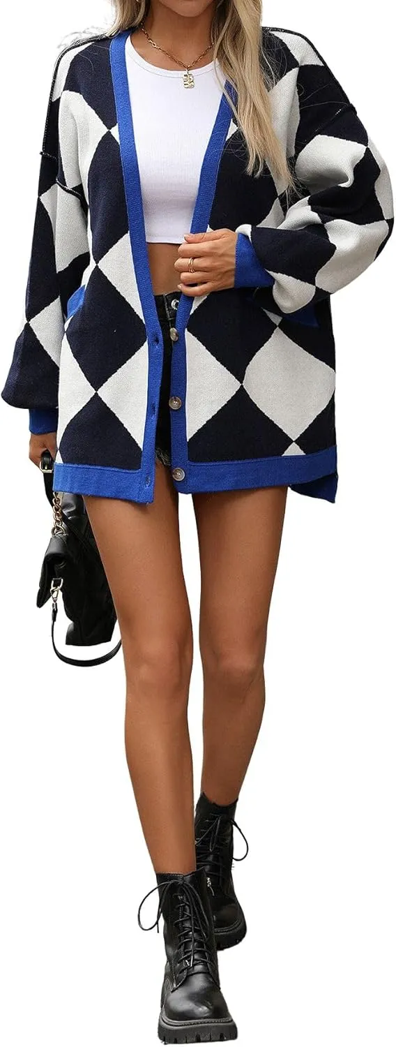 CHARTOU Women Oversized Sweater Diamond Checker Open Front Cardigan Loose Knitted Tops