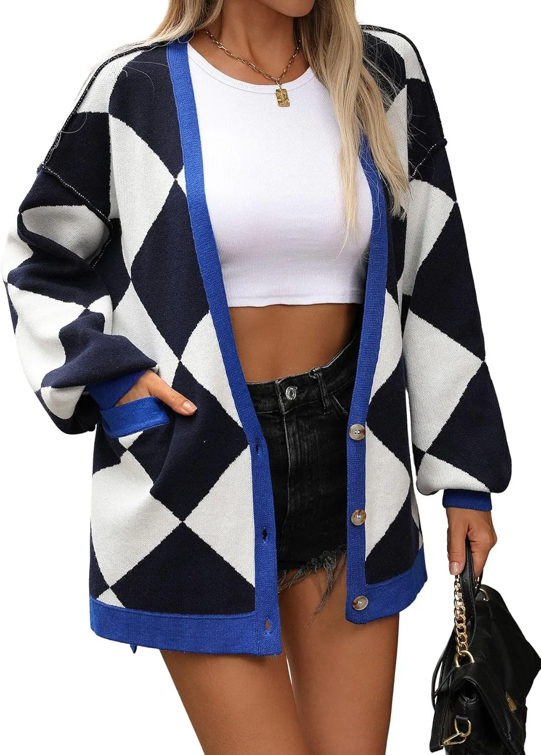 CHARTOU Women Oversized Sweater Diamond Checker Open Front Cardigan Loose Knitted Tops