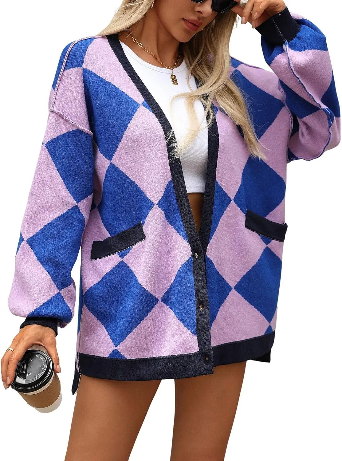 CHARTOU Women Oversized Sweater Diamond Checker Open Front Cardigan Loose Knitted Tops