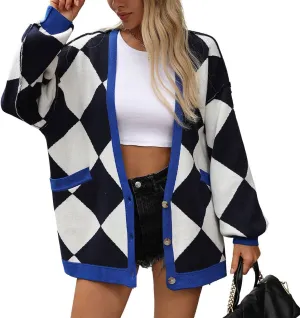 CHARTOU Women Oversized Sweater Diamond Checker Open Front Cardigan Loose Knitted Tops