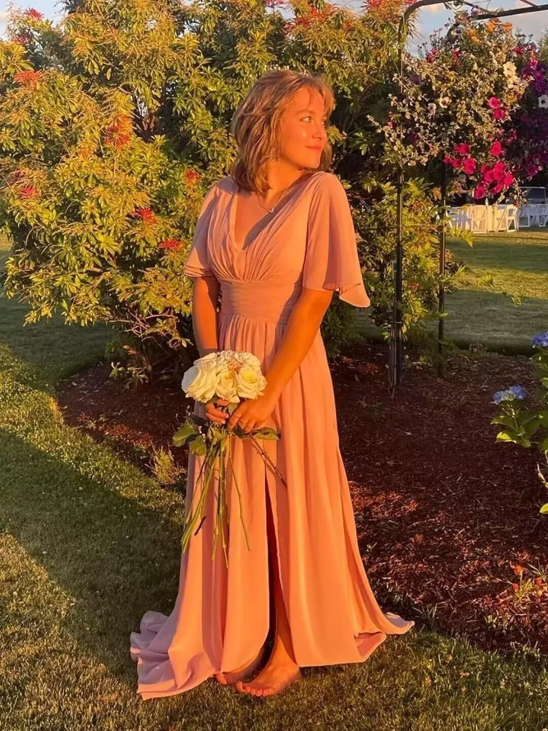 Chiffon Bridesmaid Dress for Women Ruffles Sleeves Prom Dress with Slit V Neck Formal Party Gown YK818