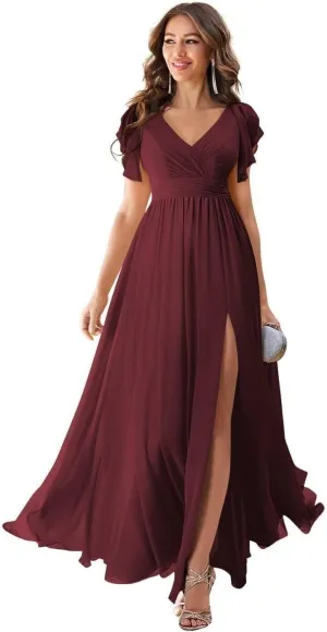 Chiffon Bridesmaid Dress for Women Ruffles Sleeves Prom Dress with Slit V Neck Formal Party Gown YK818