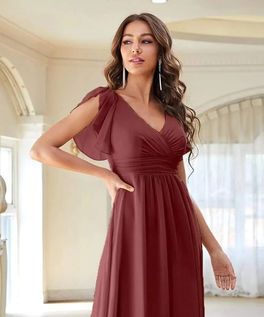 Chiffon Bridesmaid Dress for Women Ruffles Sleeves Prom Dress with Slit V Neck Formal Party Gown YK818