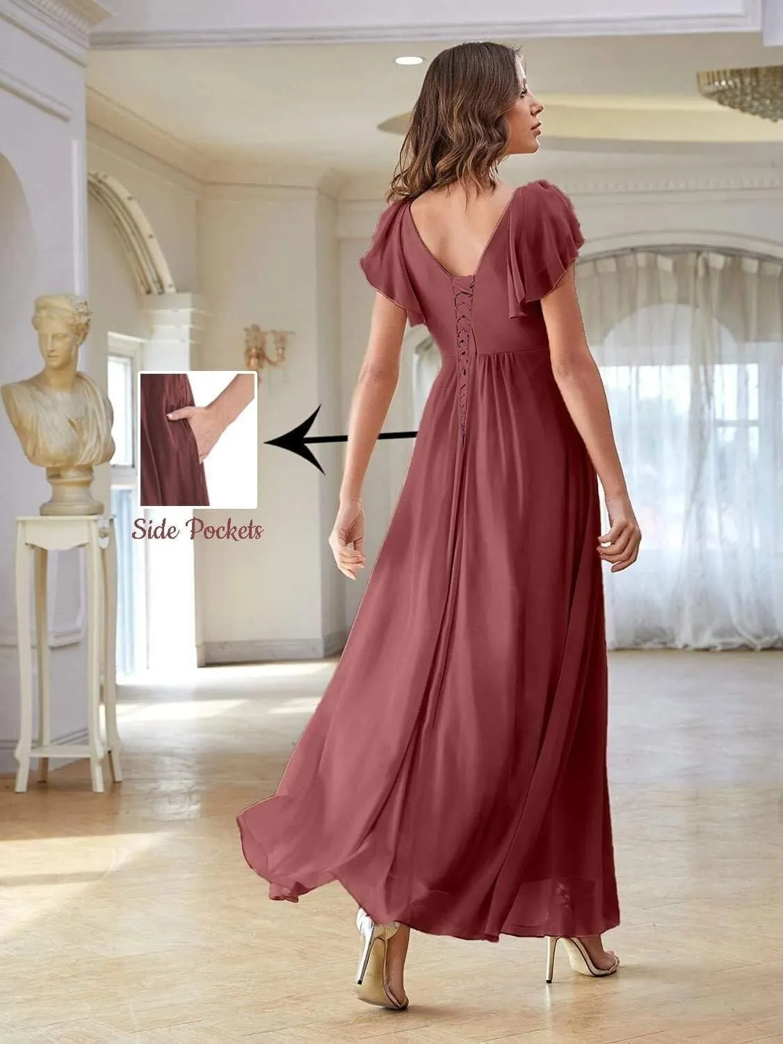 Chiffon Bridesmaid Dress for Women Ruffles Sleeves Prom Dress with Slit V Neck Formal Party Gown YK818
