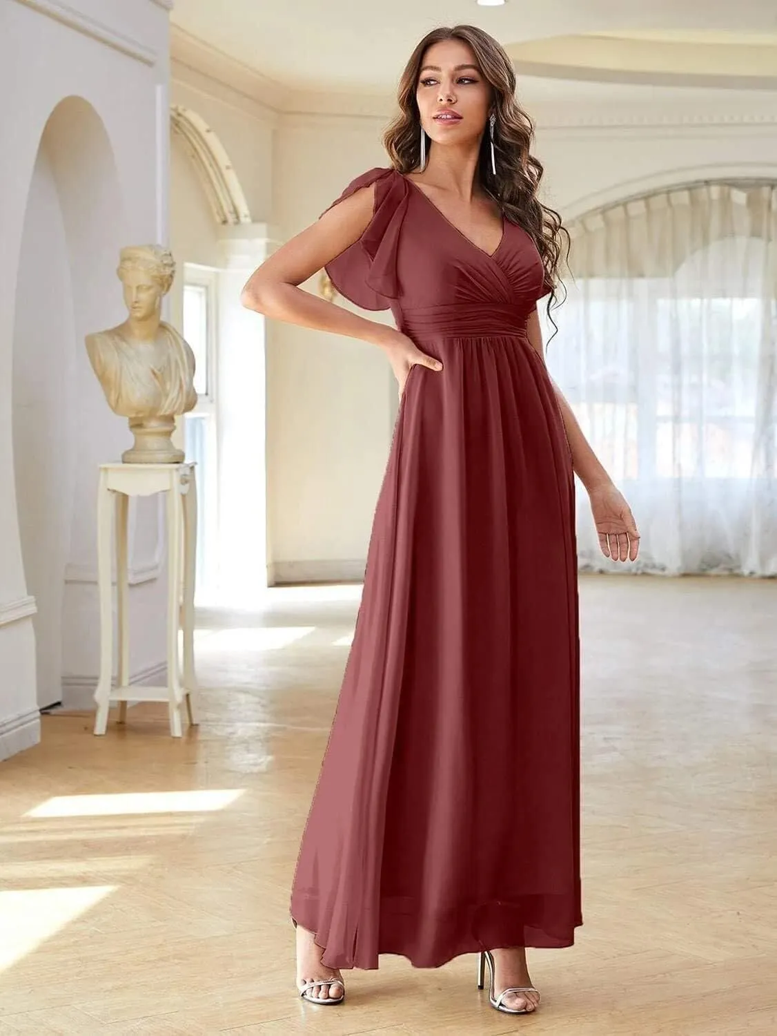 Chiffon Bridesmaid Dress for Women Ruffles Sleeves Prom Dress with Slit V Neck Formal Party Gown YK818