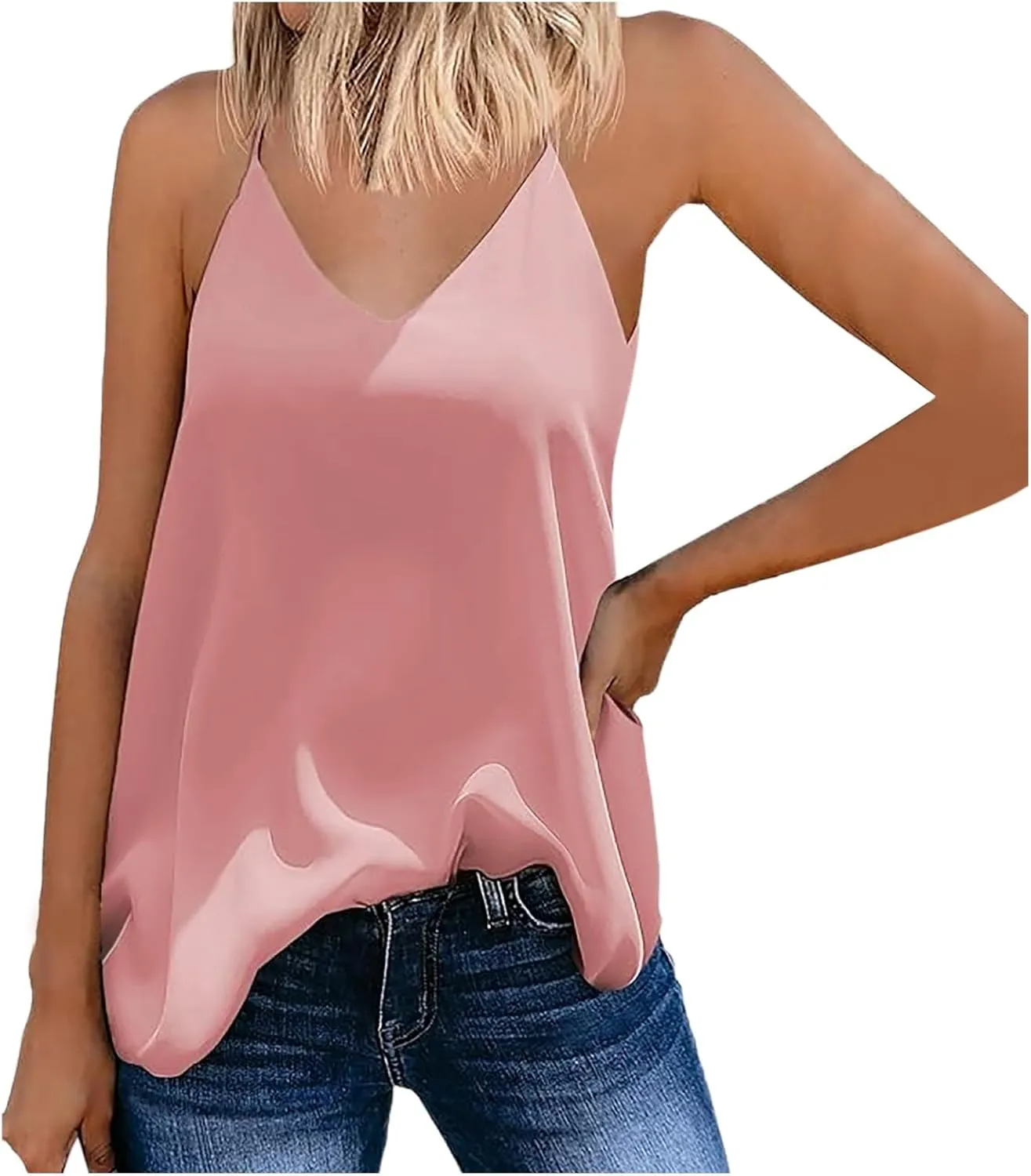 Chiffon Cami V Neck Tank Tops for Women Loose Fit Flowy Spaghetti Strap Camisole Summer Casual Sleeveless Tanks